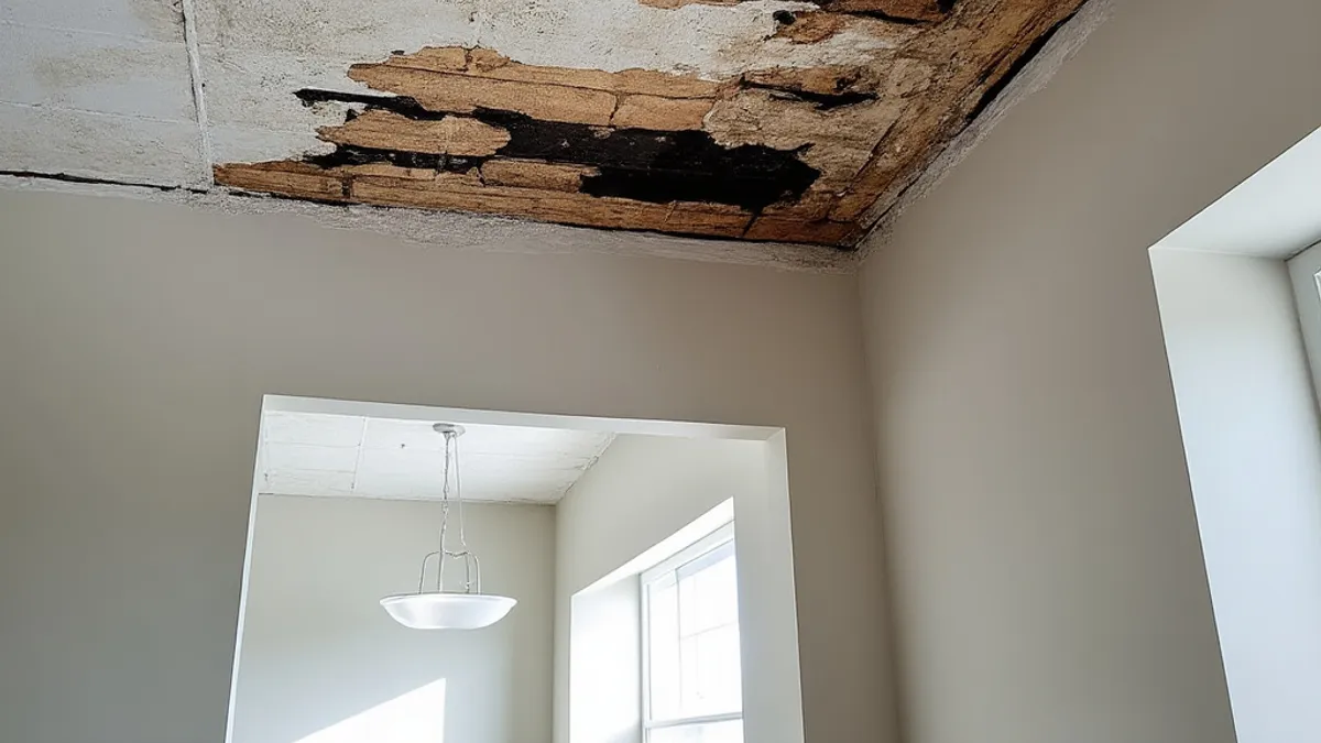 A collapsed section of ceiling exposing stained and rotted timber above